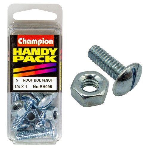 Champion Fasteners Pack of 5 Zinc Plated Slotted Mushroom Head Roofing Bolts And Nuts 1/4" x 1" BH095