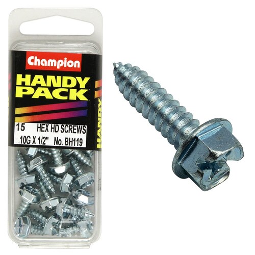 Champion Self Tapping Screws Hex Combo 4.8 x 13mm Zinc Plated (15PC) BH119