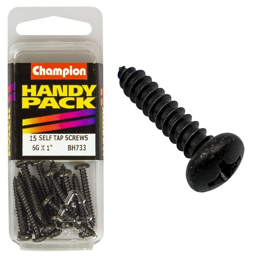 Champion Fasteners Pack Of 15 6G X 25Mm Philips Pan Head Self Tapping Screws - Black, Zinc Plated BH733