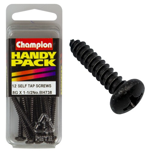 Champion Fasteners Pack Of 12 8G X 38Mm Philips Pan Head Self Tapping Screws - Black, Zinc Plated 12PK BH738