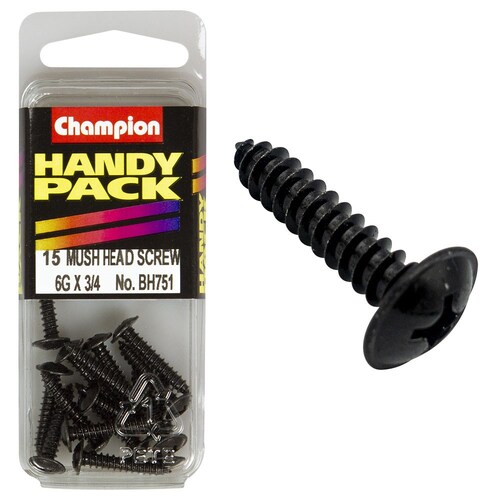 Champion Fasteners Pack Of 15 6G X 19Mm Mushroom Head Self Tapping Screws - Black, Zinc Plated 15PK BH751