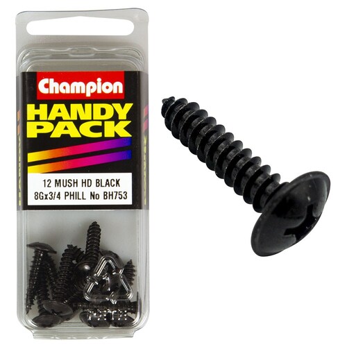 Champion Fasteners Pack Of 12 8G X 19Mm Mushroom Head Self Tapping Screws - Black, Zinc Plated 12PK BH753
