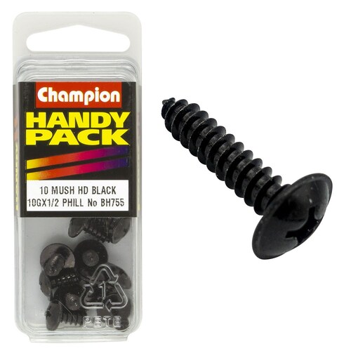 Champion Fasteners Pack Of 5 10G X 13Mm Mushroom Head Self Tapping Screws - Black, Zinc Plated 5PK BH755