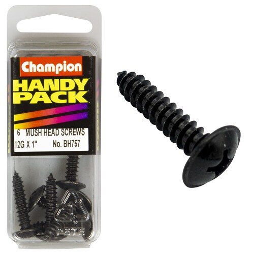 Champion Fasteners Pack Of 3 12G X 25Mm Mushroom Head Self Tapping Screws - Black, Zinc Plated 3PK BH757