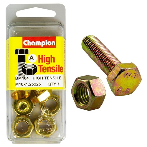 Champion Fasteners Pack Of 3 High Tensile Grade 8.8 Zinc Plated Hex Set Screws And Nuts 3PK M10 X 25 X 1.25MM BM104