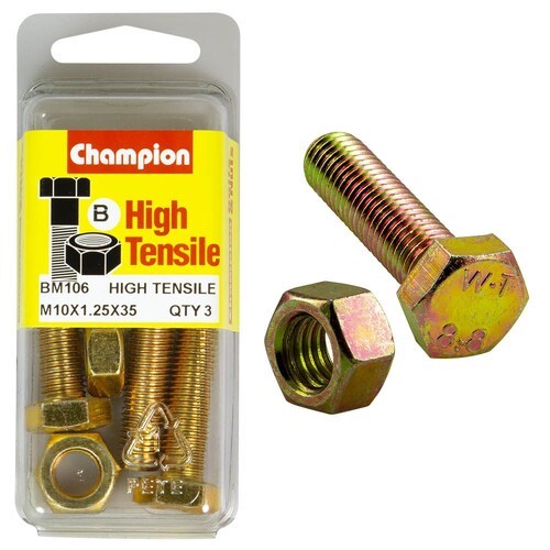 Champion Fasteners Pack Of 3 High Tensile Grade 8.8 Zinc Plated Hex Set Screws And Nuts 3PK M10 X 35 X 1.25MM BM106