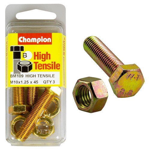 Champion Fasteners Pack Of 3 High Tensile Grade 8.8 Zinc Plated Hex Set Screws And Nuts - M10 X 45 X 1.25MM BM109