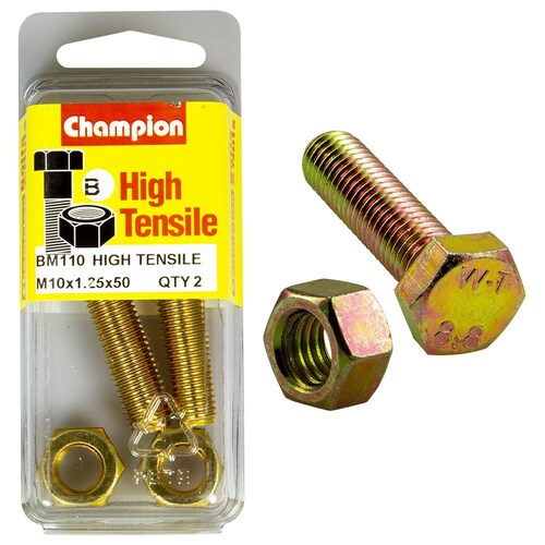 Champion Fasteners Pack Of 2 High Tensile Grade 8.8 Zinc Plated Hex Set Screws And Nuts - M10 X 50 X 1.25MM BM110