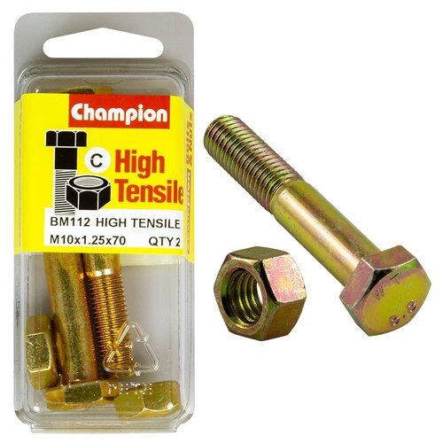 Champion Fasteners Pack Of 2 High Tensile Zinc Plated Hex Bolts And Nuts - M10 X 70 X 1.25MM BM112