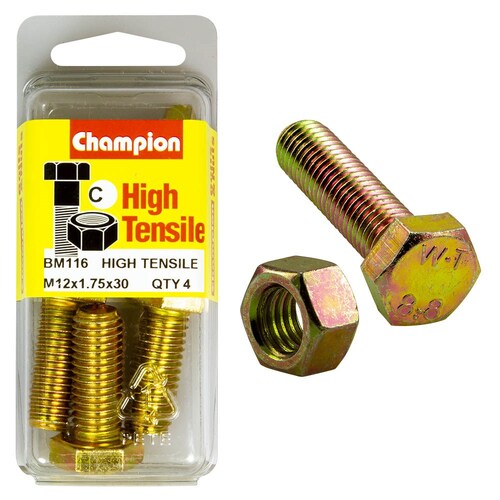 Champion Fasteners Pack Of 4 M12 X 30Mm High Tensile Grade 8.8 Zinc Plated Hex Set Screws And Nuts 4PK BM116