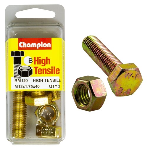 Champion Fasteners Pack Of 3 High Tensile Grade 8.8 Zinc Plated Hex Set Screws And Nuts - M12 X 40mm BM120