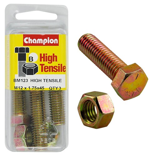 Champion Fasteners Pack Of 3 M12 X 45Mm High Tensile Grade 8.8 Zinc Plated Hex Set Screws And Nuts 3PK BM123