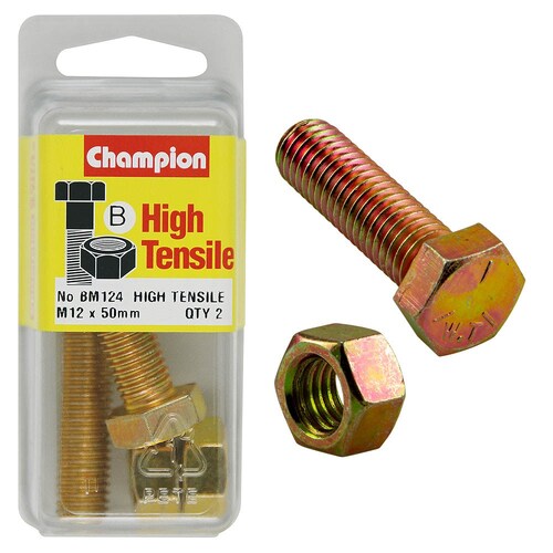 Champion Fasteners Pack Of 2 High Tensile Grade 8.8 Zinc Plated Hex Set Screws And Nuts - M12 X 50mm BM124