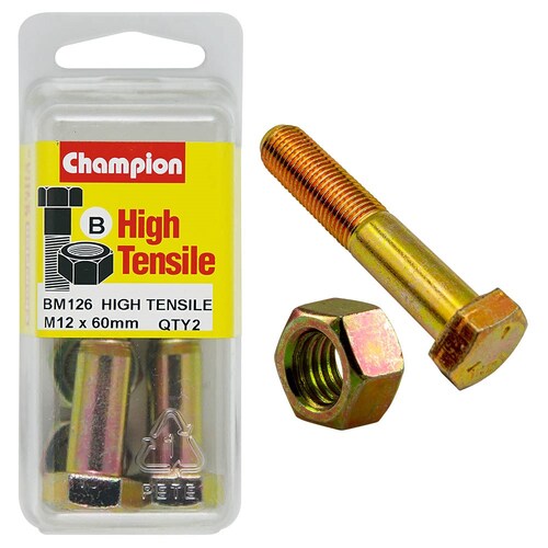 Champion Fasteners Pack Of 2 M12 X 60Mm High Tensile Grade 8.8 Zinc Plated Hex Bolts And Nuts 2PK BM126
