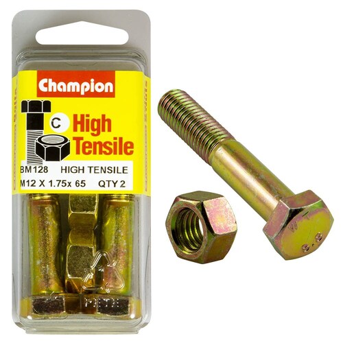 Champion Fasteners Pack Of 2 High Tensile Zinc Plated Hex Bolts And Nuts - M12 X 65mm BM128