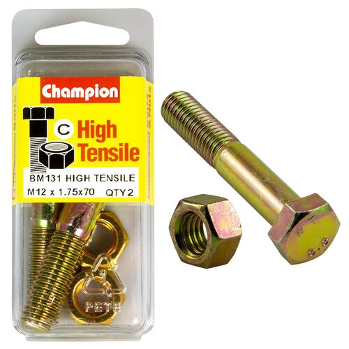 Champion Fasteners Pack Of 2 M12 X 70Mm High Tensile Grade 8.8 Zinc Plated Hex Bolts And Nuts 2PK BM131