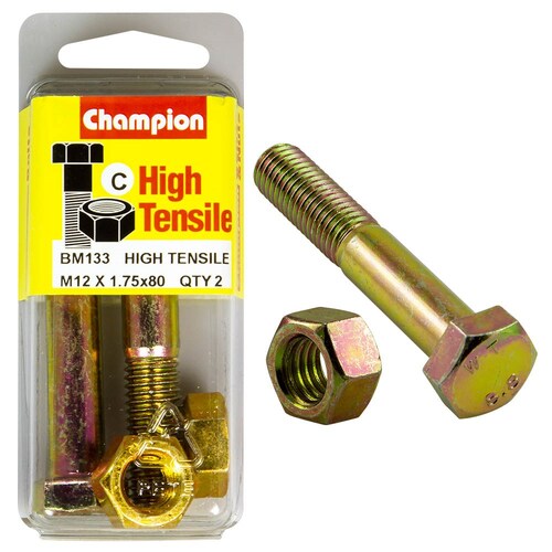 Champion Fasteners Pack Of 2 M12 X 80Mm High Tensile Grade 8.8 Zinc Plated Hex Bolts And Nuts 2PK BM133