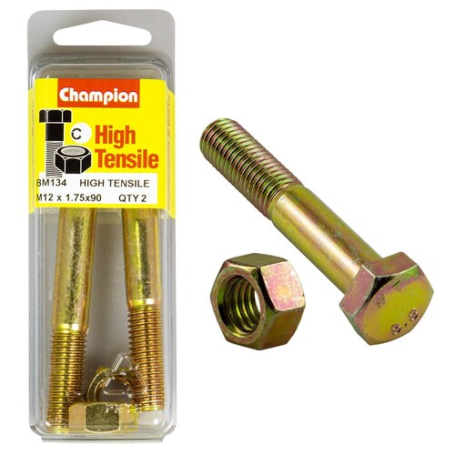 Champion Fasteners Pack Of 2 M12 X 90Mm High Tensile Grade 8.8 Zinc Plated Hex Bolts And Nuts 2PK BM134