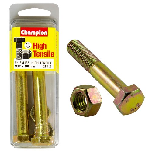 Champion Fasteners Pack Of 2 M12 X 100Mm High Tensile Grade 8.8 Zinc Plated Hex Bolts And Nuts 2PK BM135