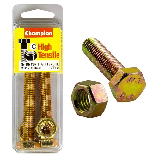 Champion Fasteners Pack Of 2 M12 X 100Mm High Tensile Grade 8.8 Zinc Plated Hex Set Screws And Nuts 2PK BM136