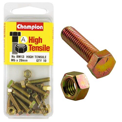 Champion Fasteners Pack Of 5 M5 X 16Mm High Tensile Grade 8.8 Zinc Plated Hex Set Screws And Nuts 5PK BM13