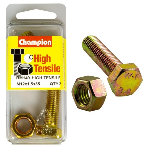 Champion Fasteners Pack Of 2 High Tensile Grade 8.8 Zinc Plated Hex Set Screws And Nuts 2PK M12 X 35 X 1.5MM BM140