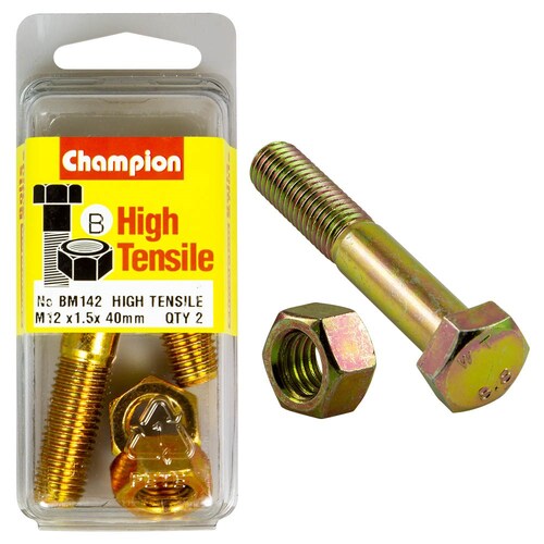 Champion Fasteners Pack Of 2 High Tensile Zinc Plated Hex Bolts And Nuts - M12 X 40 X 1.5MM BM142
