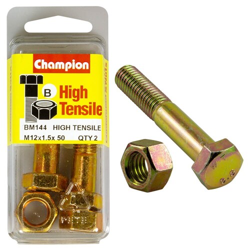 Champion Fasteners Pack Of 2 High Tensile Zinc Plated Hex Bolts And Nuts - M12 X 50 X 1.5MM BM144