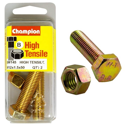 Champion Fasteners Pack Of 2 High Tensile Grade 8.8 Zinc Plated Hex Set Screws And Nuts 2PK M12 X 50 X 1.5MM BM145