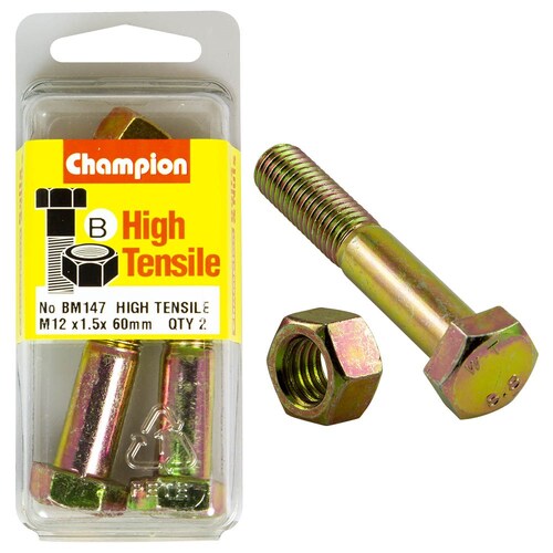 Champion Fasteners Pack Of 2 High Tensile Zinc Plated Hex Bolts And Nuts - M12 X 60 X 1.5MM BM147