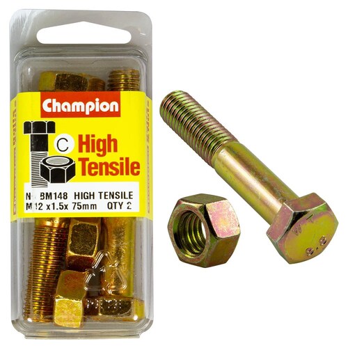 Champion Fasteners Pack Of 2 High Tensile Grade 8.8 Zinc Plated Hex Bolts And Nuts 2PK M12 X 75 1.5MM BM148