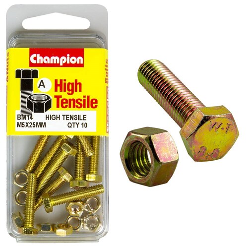 Champion Fasteners Pack Of 5 High Tensile Grade 8.8 Zinc Plated Hex Set Screws And Nuts M5 X 20MM BM14