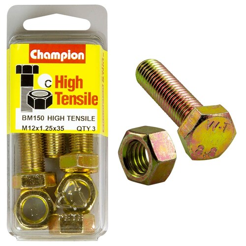 Champion Fasteners Pack Of 3 High Tensile Grade 8.8 Zinc Plated Hex Set Screws And Nuts 3PK M12 X 35 X 1.25MM BM150