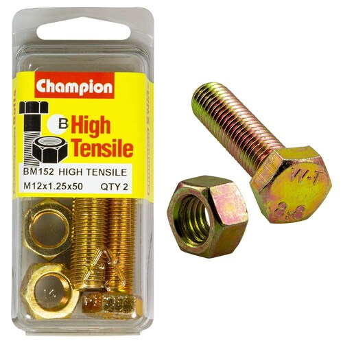Champion Fasteners Pack Of 2 High Tensile Grade 8.8 Zinc Plated Hex Set Screws And Nuts 2PK M12 X 75 X 1.25MM BM152