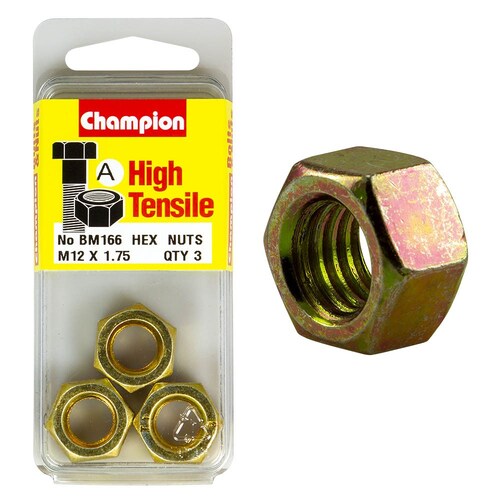 Champion Fasteners Pack Of 3 M12 X 1.75Mm High Tensile Class 8 Hex Nuts - Zinc Plated 3PK BM166