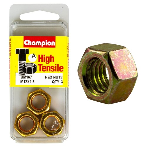 Champion Fasteners Pack Of 3 M12 X 1.5Mm High Tensile Class 8 Hex Nuts - Zinc Plated 3PK BM167