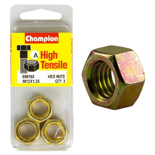 Champion Fasteners Pack Of 3 M12 X 1.25Mm High Tensile Class 8 Zinc Plated Plain Hex Nuts - 3Pk BM168