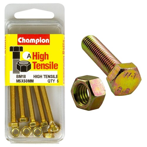 Champion Fasteners Pack Of 5 M5 X 50Mm High Tensile Grade 8.8 Zinc Plated Hex Set Screws And Nuts 5PK BM18