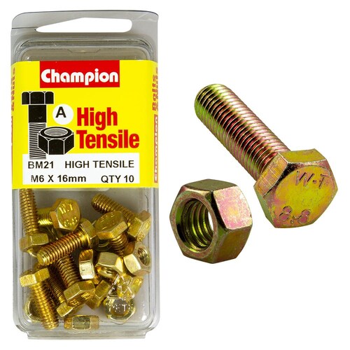 Champion Fasteners Pack Of 5 M6 X 16Mm High Tensile Grade 8.8 Zinc Plated Hex Set Screws And Nuts 5PK BM21