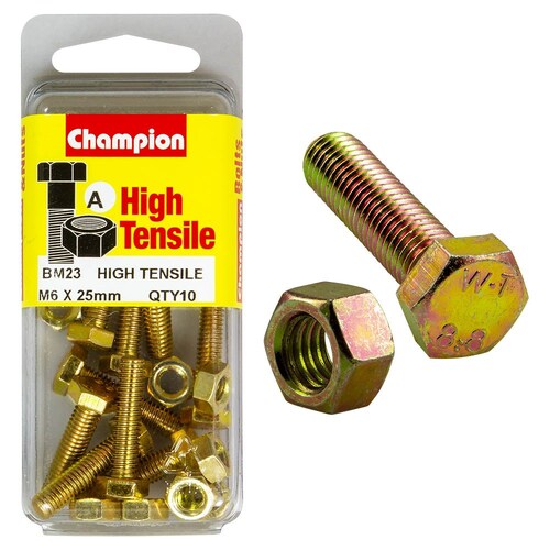 Champion Fasteners Pack Of 5 M6 X 25Mm High Tensile Grade 8.8 Zinc Plated Hex Set Screws And Nuts 5PK BM23