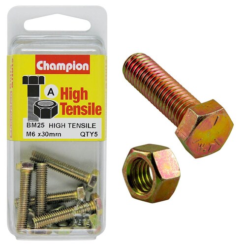 Champion Fasteners Pack Of 5 M6 X 30Mm High Tensile Grade 8.8 Zinc Plated Hex Set Screws And Nuts 5PK BM25