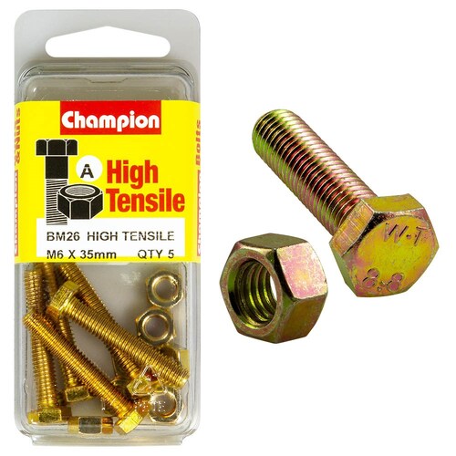 Champion Fasteners Pack Of 5 M6 X 35Mm High Tensile Grade 8.8 Zinc Plated Hex Set Screws And Nuts 5PK 40MM BM26