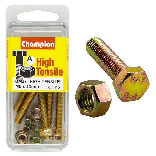 Champion Fasteners Pack Of 5 M6 X 40Mm High Tensile Grade 8.8 Zinc Plated Hex Set Screws And Nuts 5PK BM27