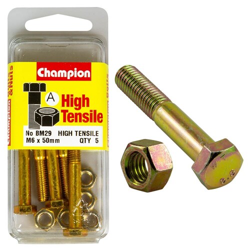 Champion Fasteners Pack Of 5 M6 X 50Mm High Tensile Grade 8.8 Zinc Plated Hex Bolts And Nuts 5PK BM29