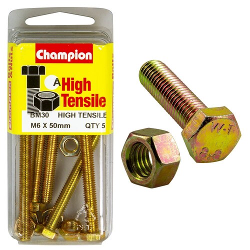 Champion Fasteners Pack Of 5 M6 X 50Mm High Tensile Grade 8.8 Zinc Plated Hex Set Screws And Nuts 5PK BM30