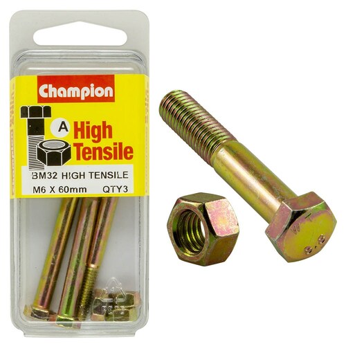 Champion Fasteners Pack Of 3 M6 X 60Mm High Tensile Grade 8.8 Zinc Plated Hex Bolts And Nuts 3PK BM32