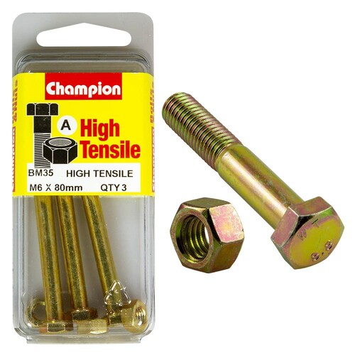 Champion Fasteners Pack Of 3 M6 X 80Mm High Tensile Grade 8.8 Zinc Plated Hex Bolts And Nuts 3PK BM35