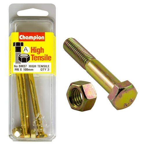 Champion Fasteners Pack Of 3 M6 X 100Mm High Tensile Grade 8.8 Zinc Plated Hex Bolts And Nuts 3PK 80MM BM37