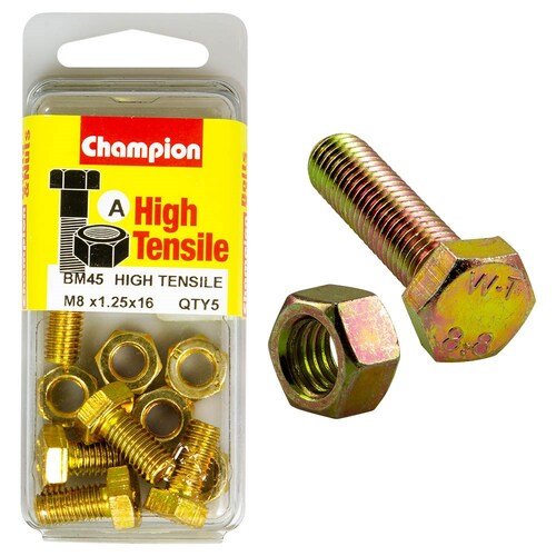 Champion Fasteners Pack Of 5 M8 X 16Mm High Tensile Grade 8.8 Zinc Plated Hex Set Screws And Nuts 5PK M7 X 35MM BM45