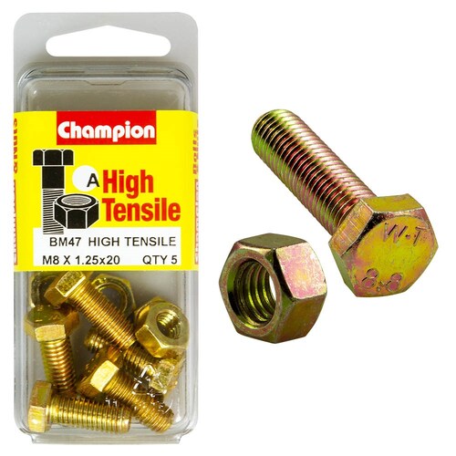 Champion Fasteners Pack Of 5 M8 X 20Mm High Tensile Grade 8.8 Zinc Plated Hex Set Screws And Nuts 5PK 16MM BM47